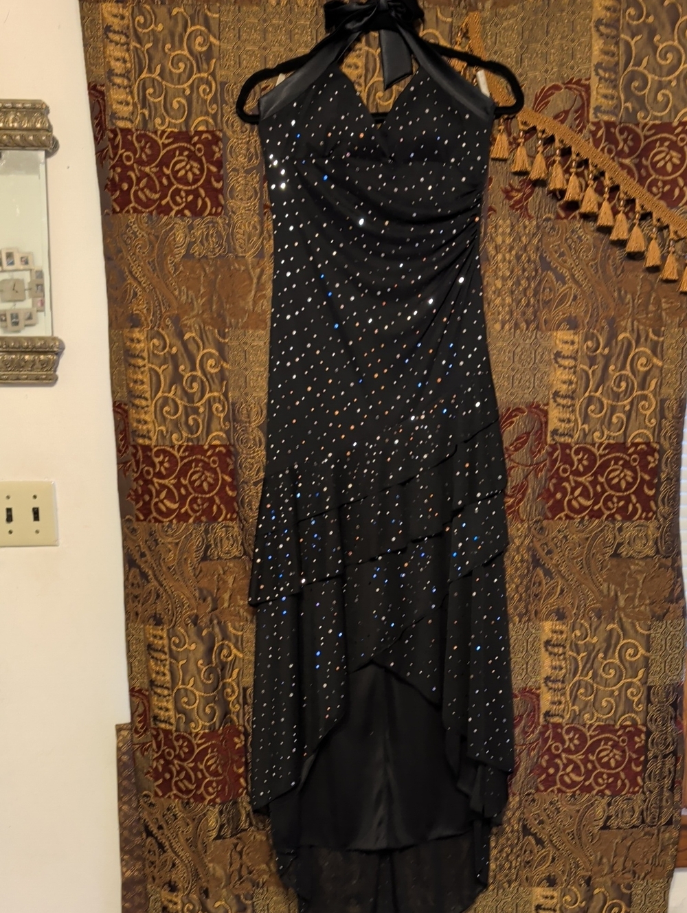 Sz. Large, "Taboo" Black Sparkly, Halter Top, High-Low, Sequin Evening Dress